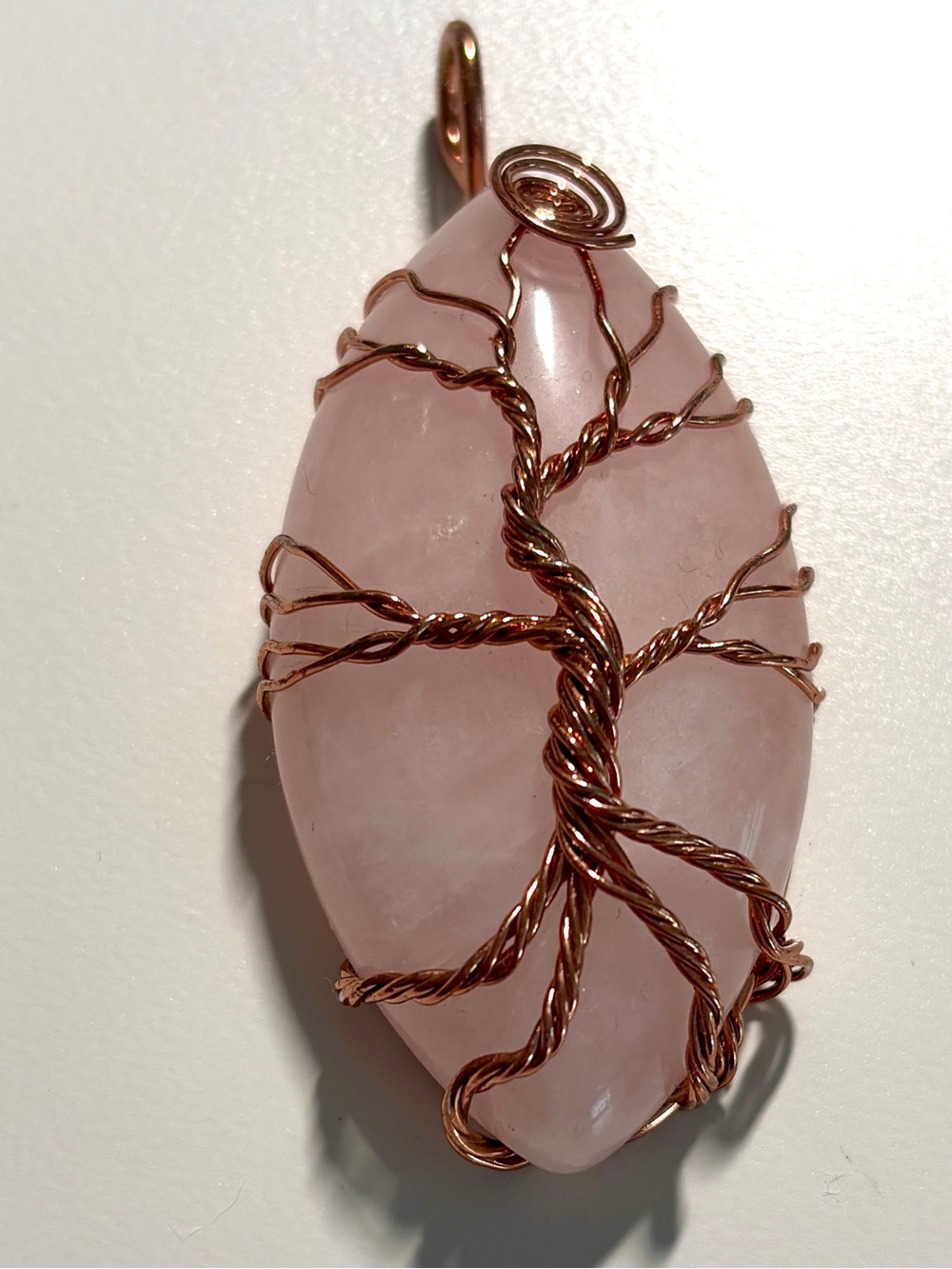 Rose Quartz Tree of Life Pendant in Pink with Copper Wire